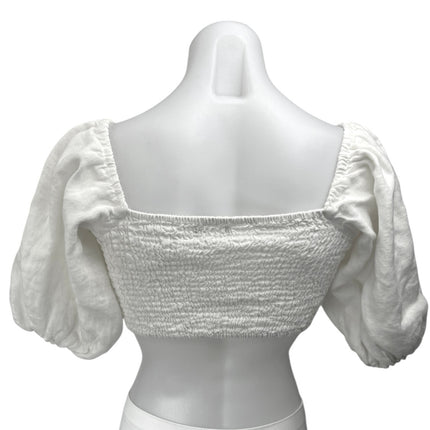 Zara White Short Puff Sleeve Sweetheart Neck Smocked Tie Front Crop Blouse Top M