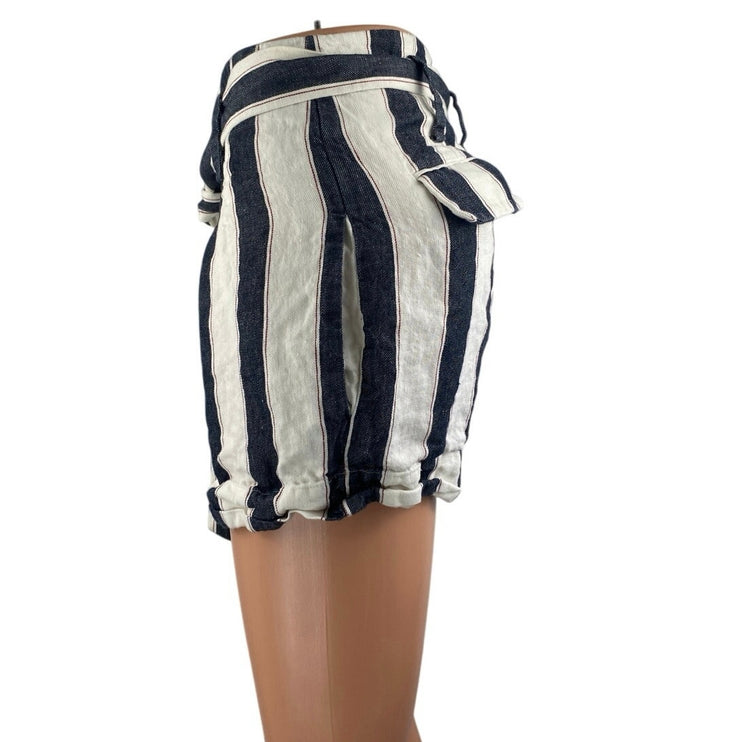 Frame 100% Linen Navy White Striped High Waisted Belted Mini Wide Leg Shorts 0