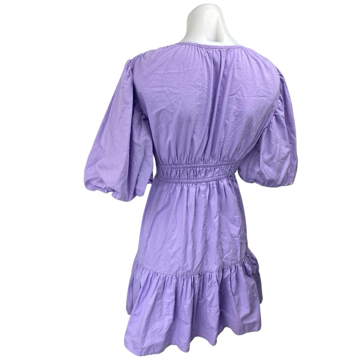 Japna Purple Short Puff Sleeve V-neck Smocked Tiered Mini Fit & Flare Dress M