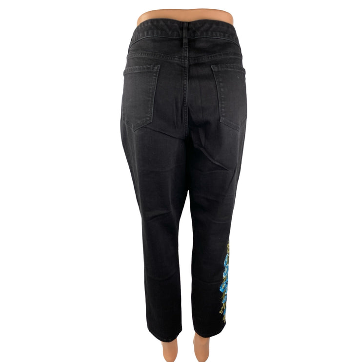 Martha Stewart Black High Rise Floral Embroidered Straight Denim Jeans Pants 14