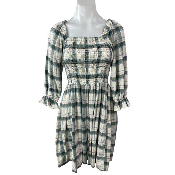 Madewell Lucie Plaid Check Square Neck 3/4 Sleeve Smocked Mini A-Line Dress XXS