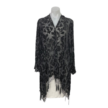 4 Love and Liberty Black Floral Burnout Velvet Jacquard Kimono Fringe Cardigan S
