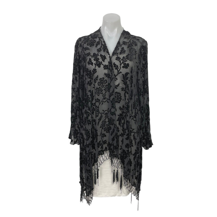4 Love and Liberty Black Floral Burnout Velvet Jacquard Kimono Fringe Cardigan S