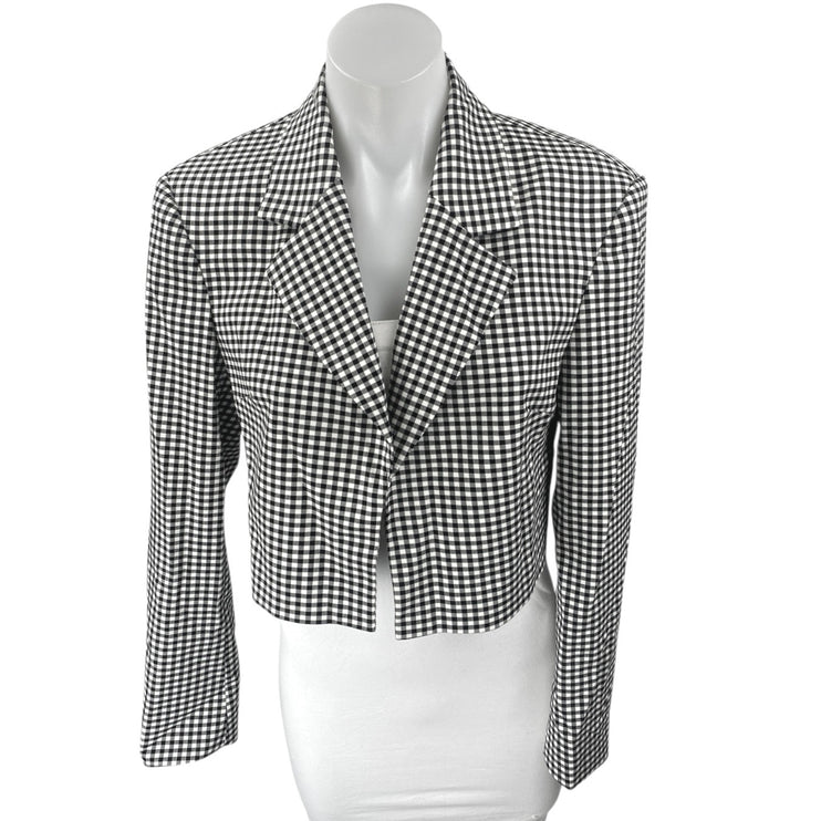 Zara Black White Gingham Check Open Long Sleeve Crop Blazer Suit Jacket Size XS