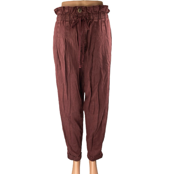 Free People Margate Maroon Brown High Waisted Tapered Paperbag Trousers Pants M