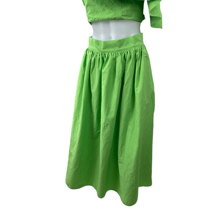 H&M Women's Green Flounced One Shoulder Crop Top Midi Flare A-Line Skirt Set 38