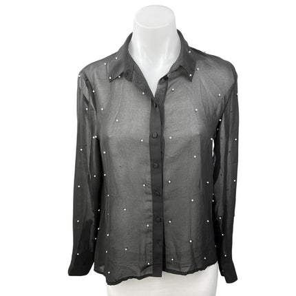 Cooperative Black Sheer Beaded Embellished Long Sleeve Button Down Shirt Top XS