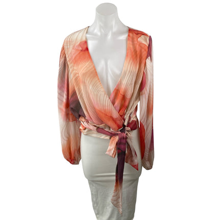 Express Women's Multicolor Abstract Print Sheer Mesh V Neck Wrap Blouse Top Sz L