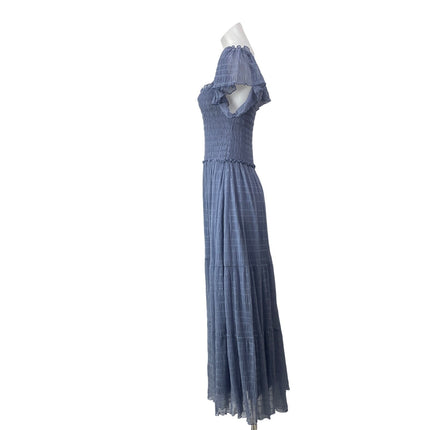 Max Studio Women's Blue Short Flutter Sleeves Mesh Tiered Smocked Midi Dress M