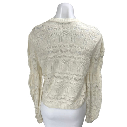 Zara Women's Cream White Lace Crochet Long Sleeve Crewneck Sheer Sweater Top M