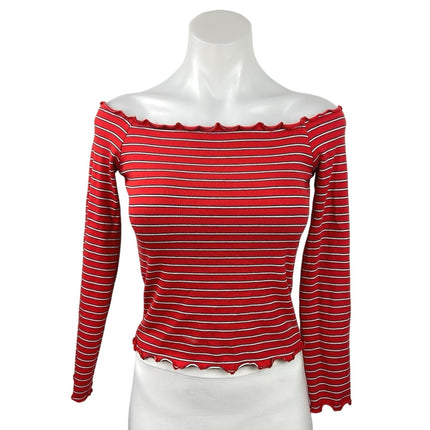 Bershka Red Striped Off The Shoulder Lettuce Edge Long Sleeve Knit Top Size L