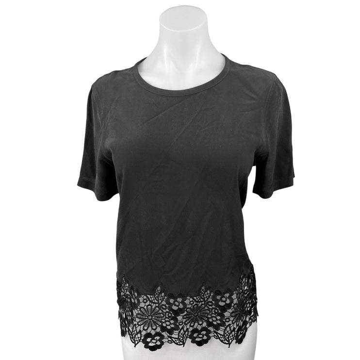 Equipment Black Silk Lace Crochet Crew Neck Short Sleeve Shirt Blouse Top Size M