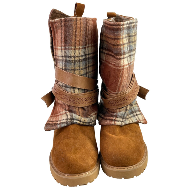 MUK LUKS Slope Nikki Women's Brown Faux Suede Plaid Sweater Collar Flat Boots 9