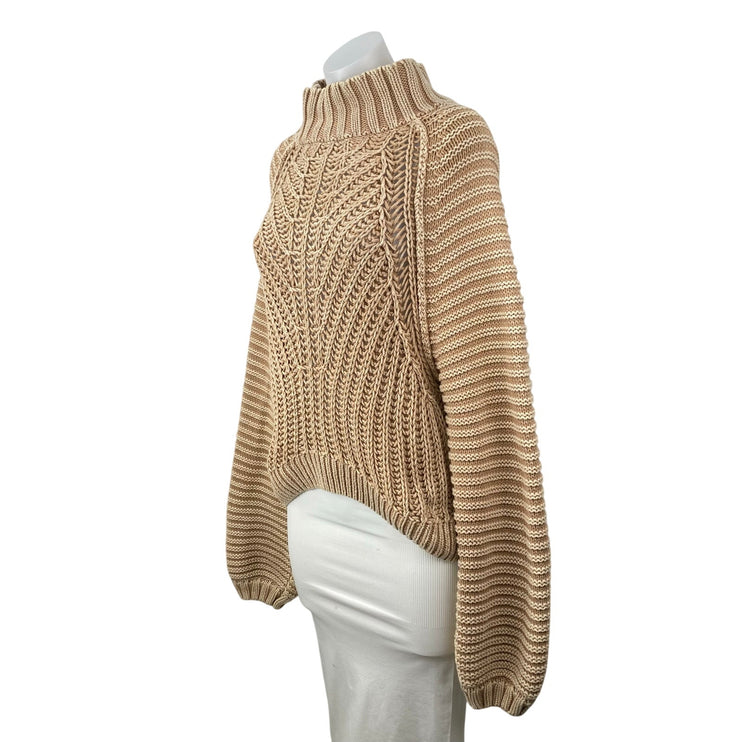 Free People Sweetheart Beige Chunky Knit Mock Neck Balloon Sleeve Sweater Top S