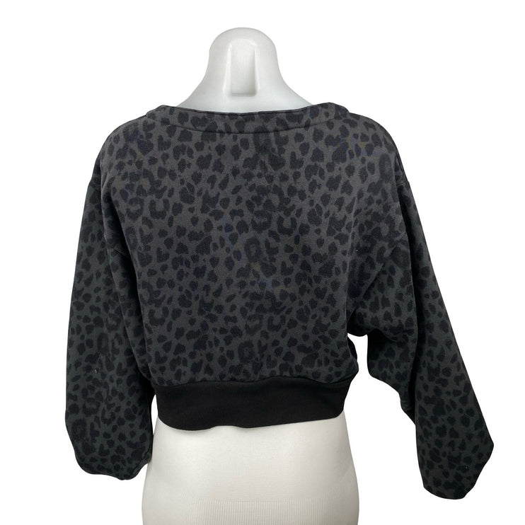 Victoria's Secret Black Leopard Animal Print Lace Up Cropped Sweatshirt Top Sz S