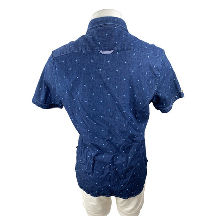7 Diamonds Men's Blue Floral Embroidery Denim Stretch Button Down Shirt Top Sz L