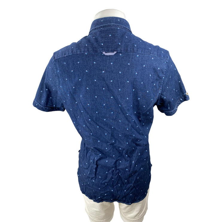 7 Diamonds Men's Blue Floral Embroidery Denim Stretch Button Down Shirt Top Sz L