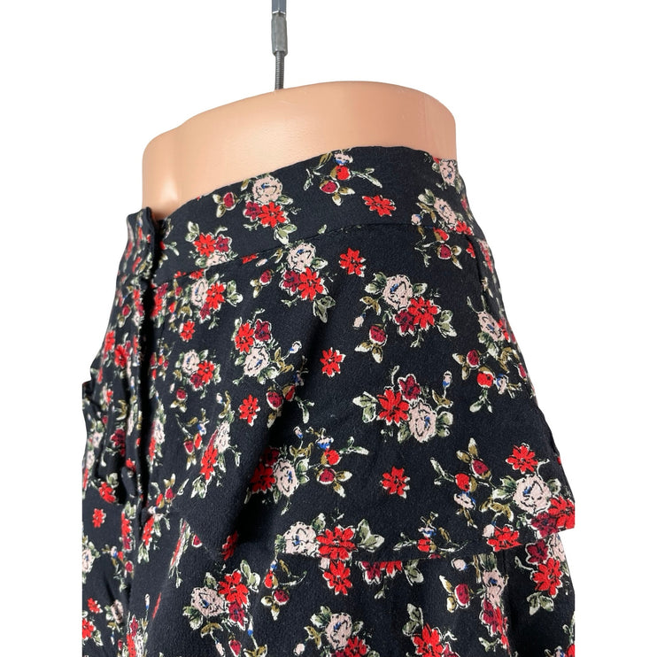 Zara Black Red Floral High Waisted Button Ruffle Tiered A Line Mini Skirt Size M