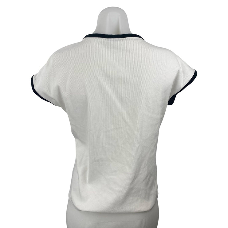MNG Mango Women's White Short Sleeve Crew Neck Ringer Tee Basic T-Shirt Top Sz M