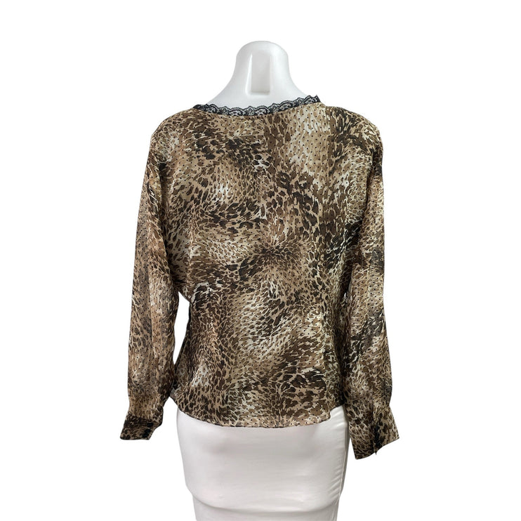 Emma James Brown Leopard Animal Print Lace Trim Long Sleeve Blouse Top Size 14
