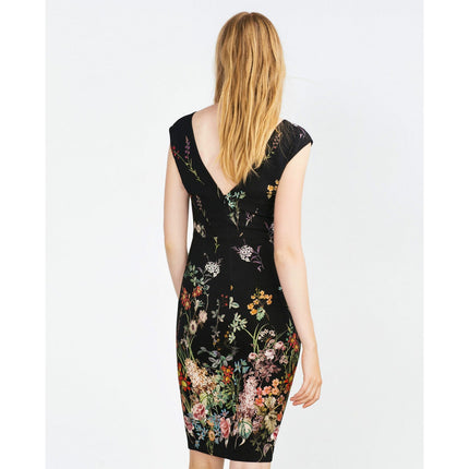Zara Woman Black V Neck Cap Sleeve Floral Knee Length Sheath Dress Size XS