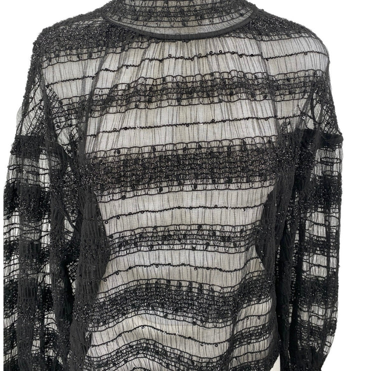 Express Women's Black Metallic Lace Long Sleeve Turtleneck Sheer Blouse Top Sz M