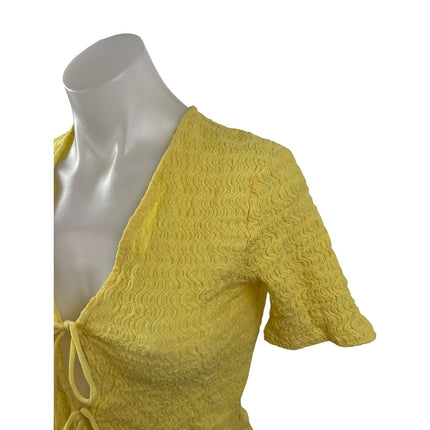 Zara Women's Yellow Smocked Tie Front V Neck Short Sleeve Crop Blouse Top Sz S