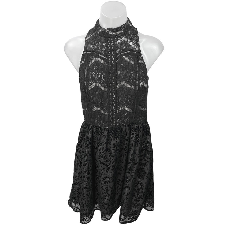 Xhilaration Black Lace Floral Embroidered High Neck Fit & Flare Mini Dress Sz M