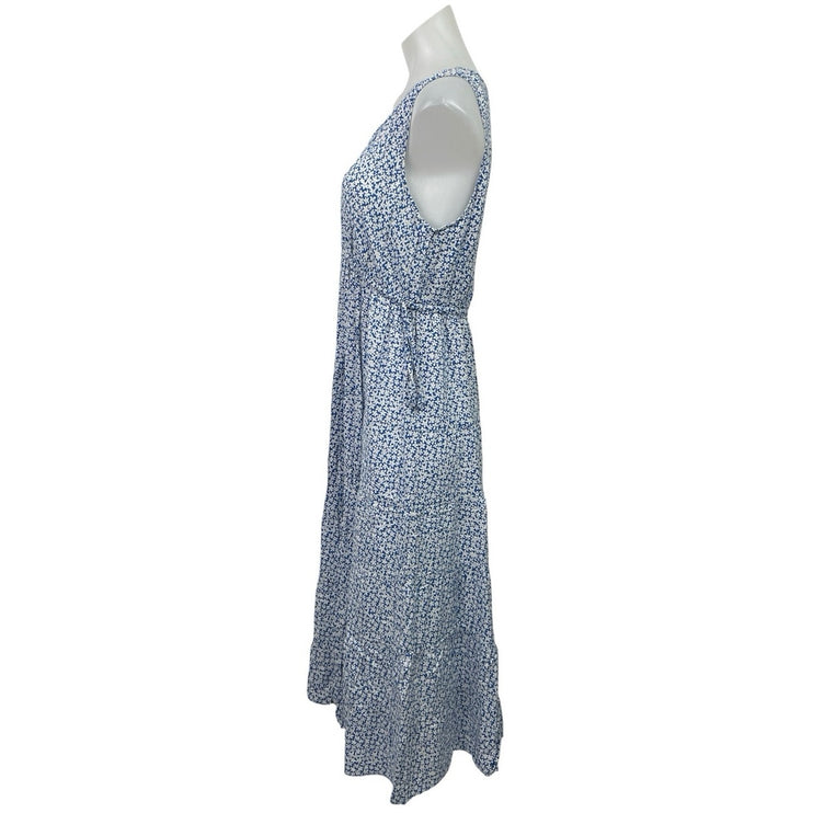 Max Studio Women's Blue Floral V Neck Sleeveless Maxi Tank Flare A-Line Dress L