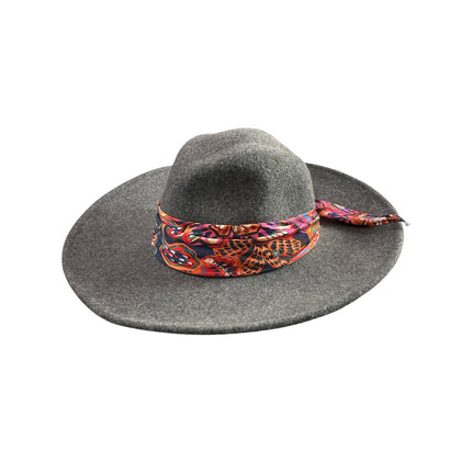 Johnny Was 100% Wool Gray Scarf Band Wide Brim Western Cowboy Fedora Hat OSFM