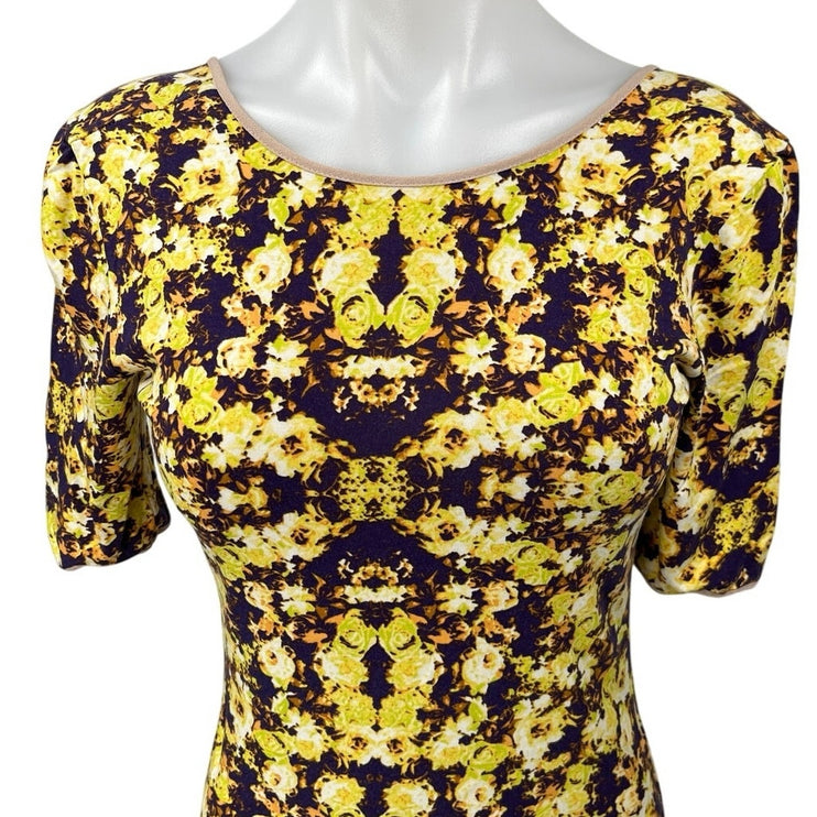 Sam & Lavi Yellow Multicolor Floral Short Sleeve Midi Bodycon Sheath Dress S