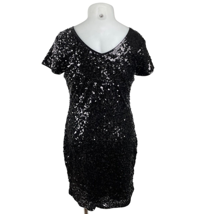 Maner Women's Black Sequin V Neck Short Sleeve Mini Sheath Bodycon Dress Sz XL