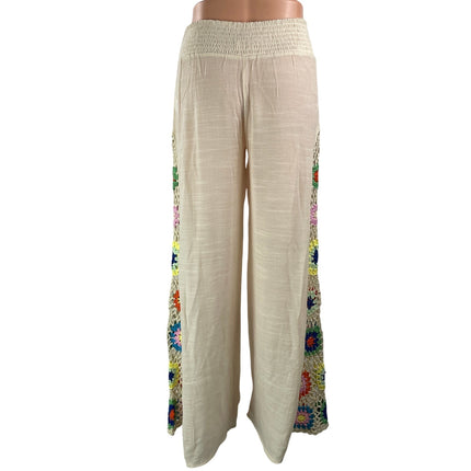 Elan Women Beige Floral Crochet Knit High Rise Smocked Wide Leg Trousers Pants M