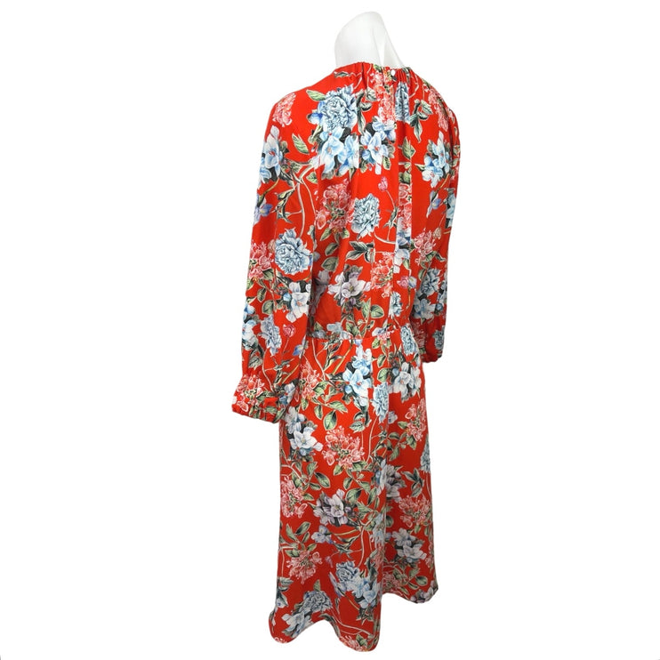 H&M Orange Floral Mock Neck Floral Long Sleeve Cocktail A Line Midi Dress Size 8