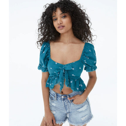 Aeropostale Blue Floral Short Puff Sleeve Frayed Front Tie Slim Crop Top Size XS