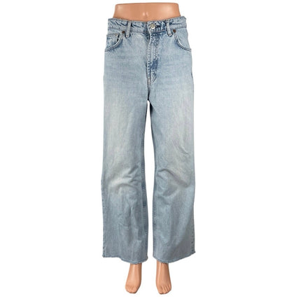 Zara Light Blue Frayed Hem High Rise Baggy Palazzo Wide Leg Denim Jeans Pants 6
