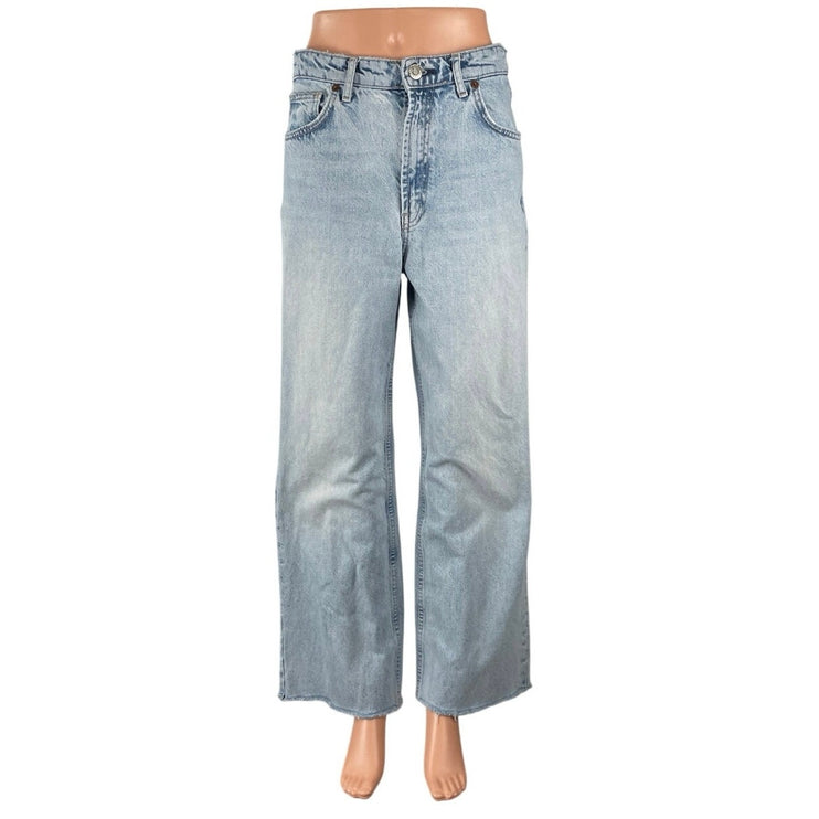 Zara Light Blue Frayed Hem High Rise Baggy Palazzo Wide Leg Denim Jeans Pants 6