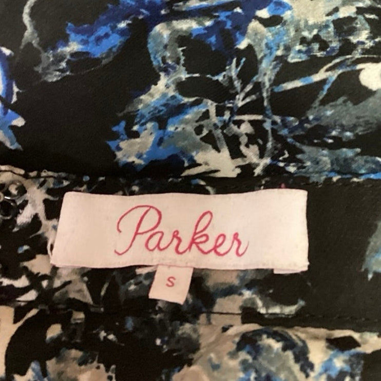 Parker Black Blue Floral Sleeveless Tie Neck Tiered Ruffle Mini Dress Size S