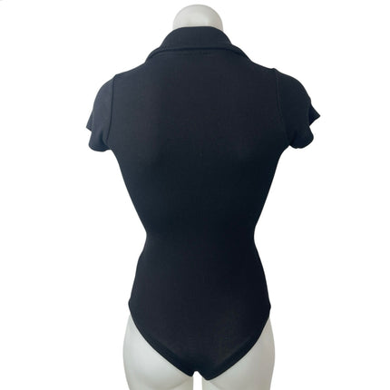Alix NYC Women's Black Ribbed Knit Short Sleeve Polo V Neck Bodysuit Top Size XS