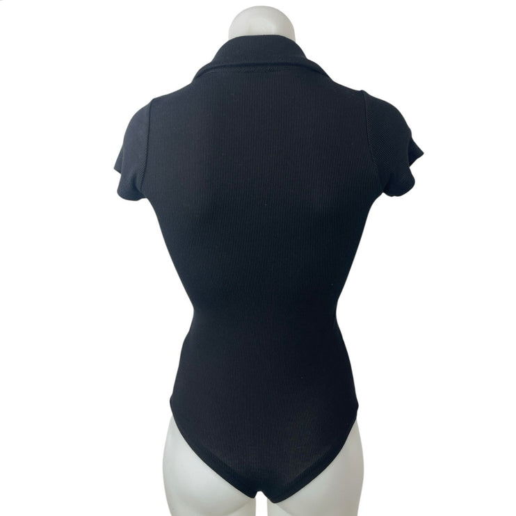 Alix NYC Women's Black Ribbed Knit Short Sleeve Polo V Neck Bodysuit Top Size XS