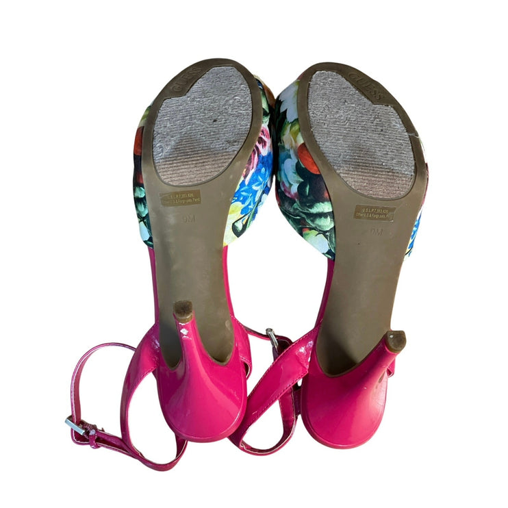 Guess Women's Tropical Pink Floral Ankle Strap Stiletto Platform Heels Size 9M