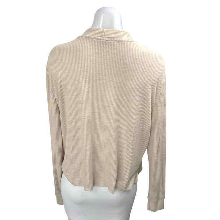 Ann Taylor LOFT Women's Cream Rib Knit V-neck Button Up Cardigan Sweater Top L