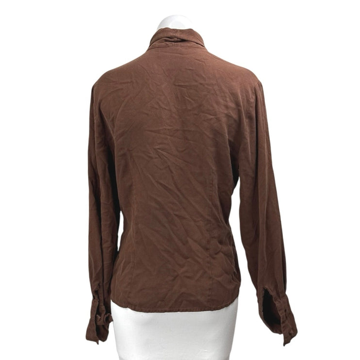 New York City Blouse Co Brown 100% Silk Long Sleeve Button Down Shirt Top Size 6