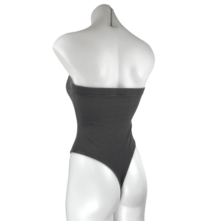 Urban Outfitters Black Ribbed Strapless Tube Bandeau Thong Bodysuit Top Size S