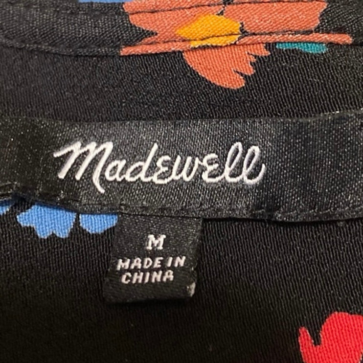 Madewell Women's Black Floral Print Long Puff Sleeve V-neck Wrap Blouse Top Sz M