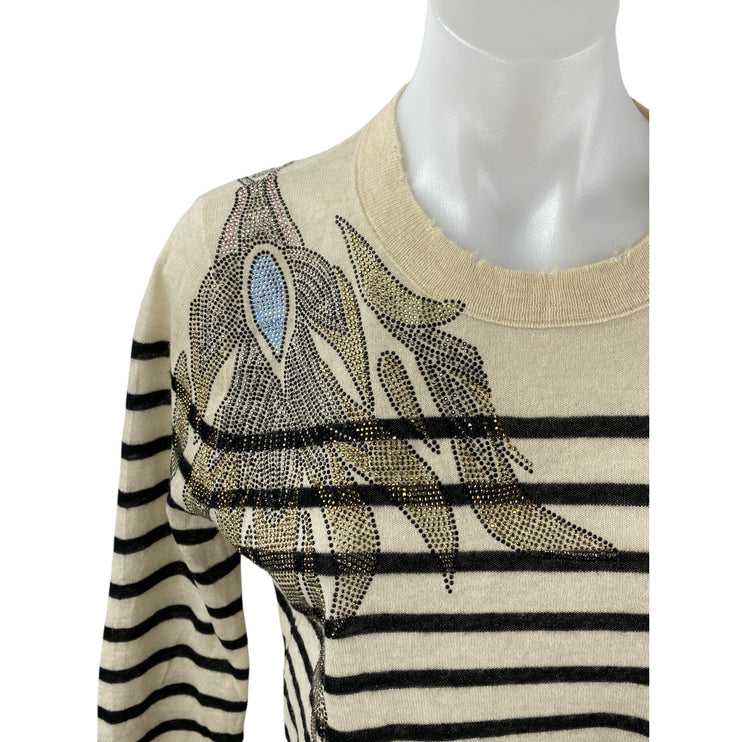 Zadig & Voltaire 100% Cashmere Cream Striped Long Sleeve Knit Sweater Top Sz XS