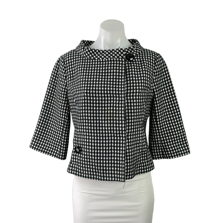 Ann Taylor Women's Black White Gingham Checkered 3/4 Sleeve Blazer Coat Jacket 8
