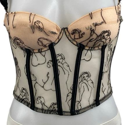 Women's Beige Black Mesh Corset Bustier Cap Sleeve Lady Stitch Crop Top Size S