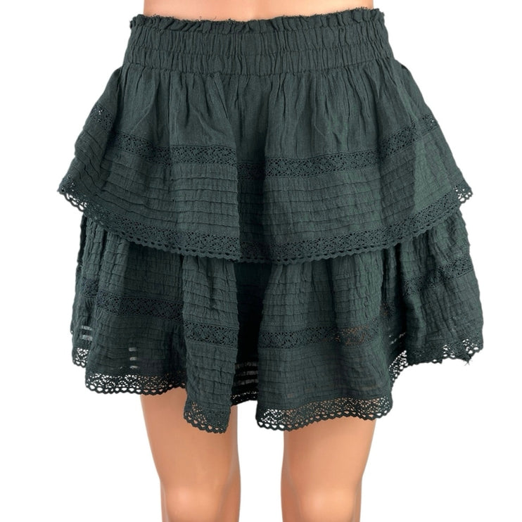 Aerie Women's Black Lace Smocked Waist Tiered Ruffle Flared A-Line Mini Skirt M