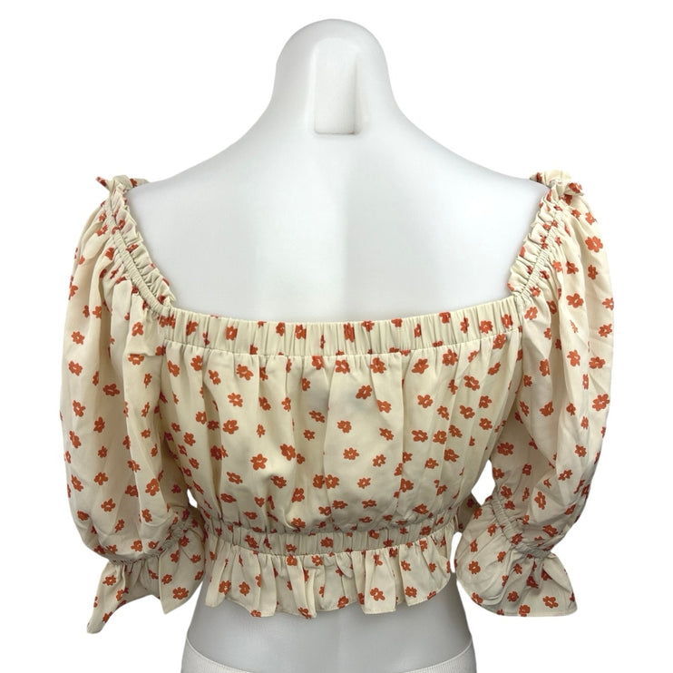 Sabo Skirt Cream Orange Floral Half Puff Sleeve Boho Ruffle Crop Blouse Top Sz M